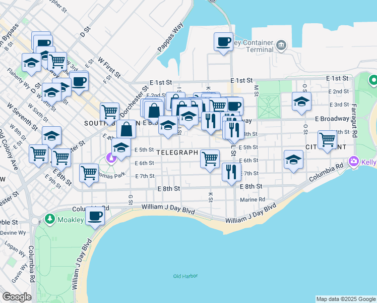 map of restaurants, bars, coffee shops, grocery stores, and more near 553 East 6th Street in Boston