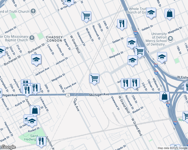 map of restaurants, bars, coffee shops, grocery stores, and more near 1059 West Grand Boulevard in Detroit