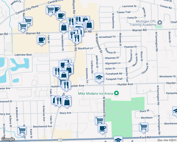 map of restaurants, bars, coffee shops, grocery stores, and more near 6539 Caribou Street in Westland