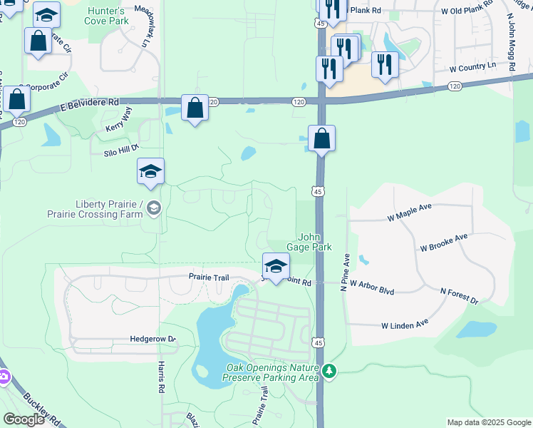 map of restaurants, bars, coffee shops, grocery stores, and more near 538 Bluestem Lane in Grayslake