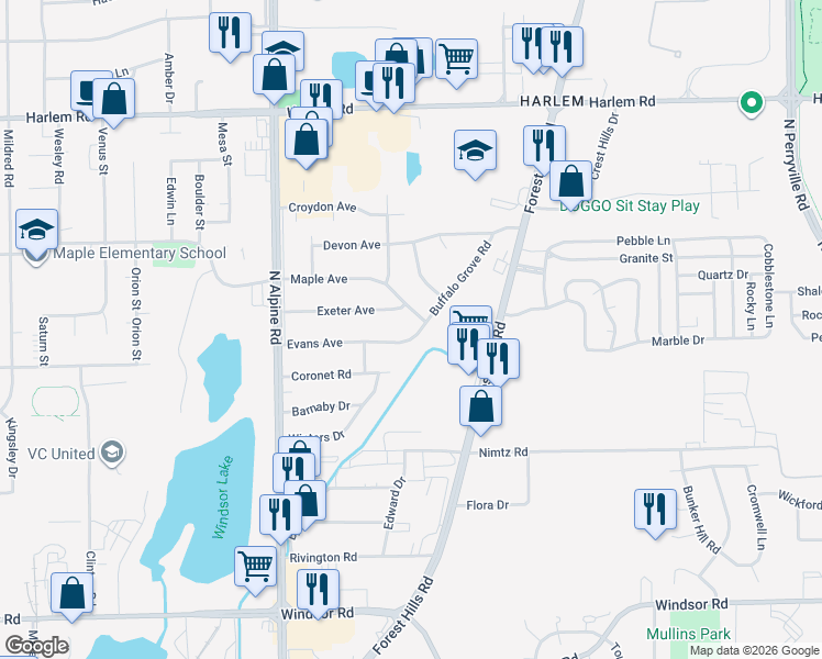 map of restaurants, bars, coffee shops, grocery stores, and more near 2225 Evans Avenue in Loves Park