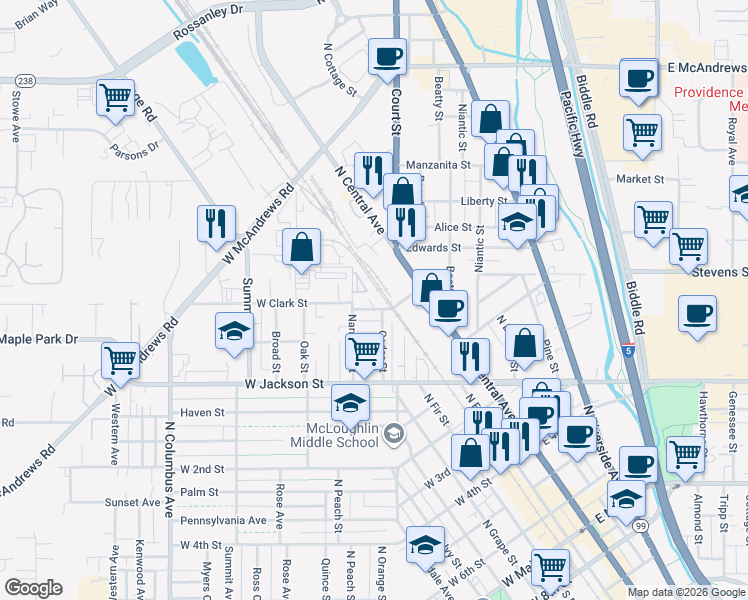 map of restaurants, bars, coffee shops, grocery stores, and more near 210 Bliss Street in Medford