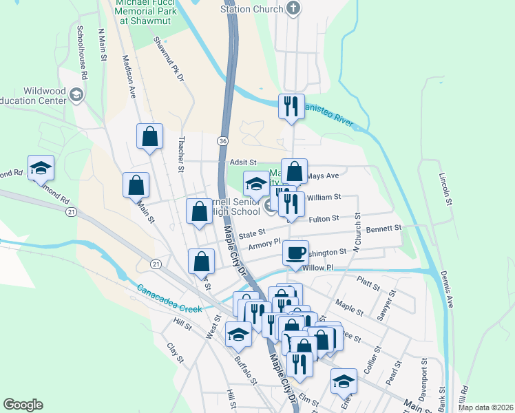 map of restaurants, bars, coffee shops, grocery stores, and more near 134 Seneca Street in Hornell