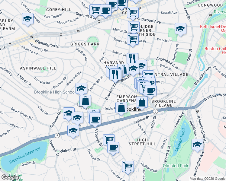 map of restaurants, bars, coffee shops, grocery stores, and more near 54 Cypress Street in Brookline