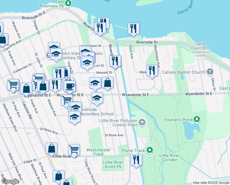 map of restaurants, bars, coffee shops, grocery stores, and more near 9150 Wyandotte Street East in Windsor