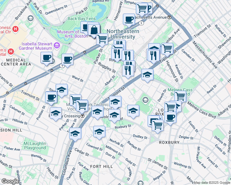 map of restaurants, bars, coffee shops, grocery stores, and more near 1199 Tremont Street in Boston