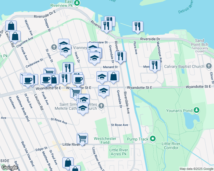 map of restaurants, bars, coffee shops, grocery stores, and more near 8950 Wyandotte Street East in Windsor