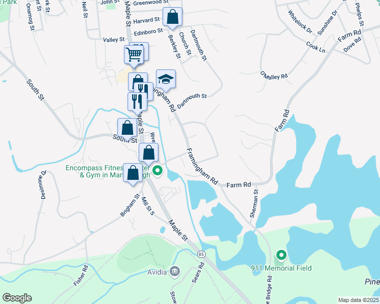 map of restaurants, bars, coffee shops, grocery stores, and more near Framingham Road in Marlborough