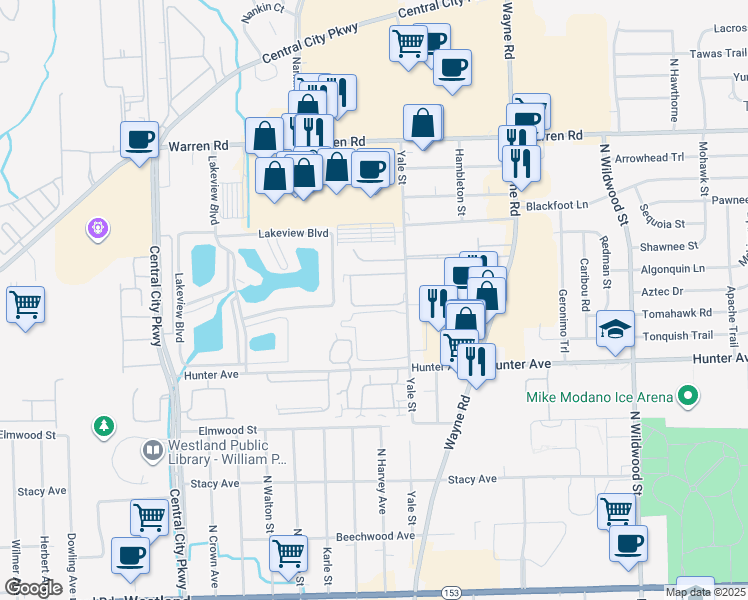 map of restaurants, bars, coffee shops, grocery stores, and more near 6617 Yale Street in Westland