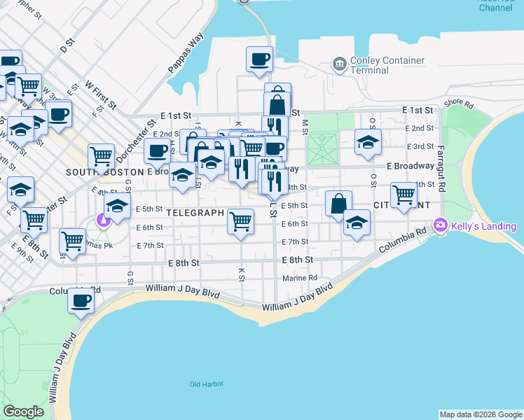 map of restaurants, bars, coffee shops, grocery stores, and more near 85 L Street in Boston