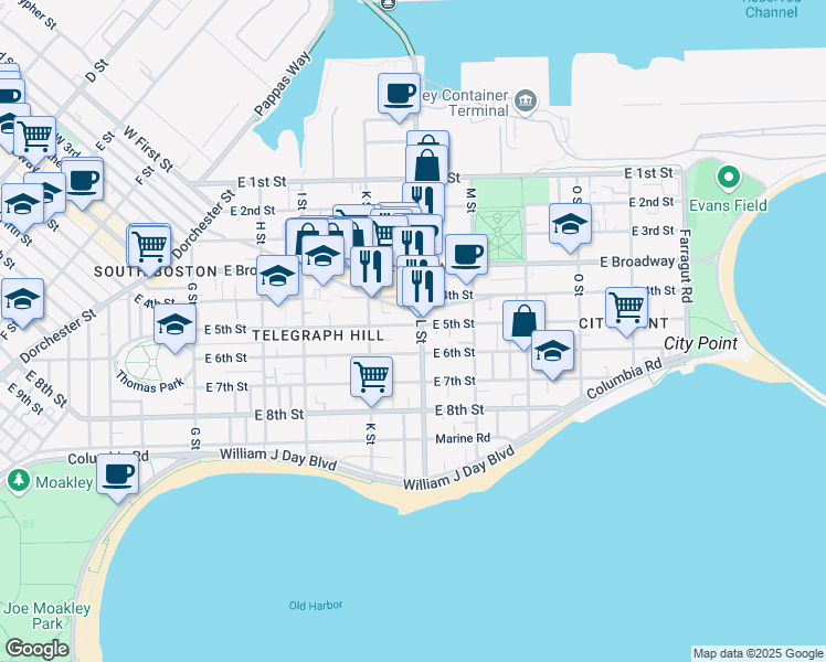 map of restaurants, bars, coffee shops, grocery stores, and more near 85 L Street in Boston