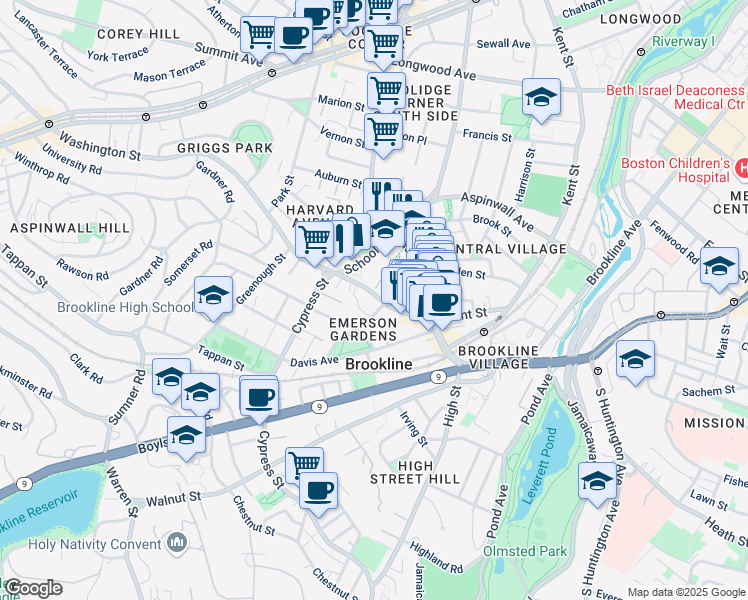 map of restaurants, bars, coffee shops, grocery stores, and more near 350 Washington Street in Brookline