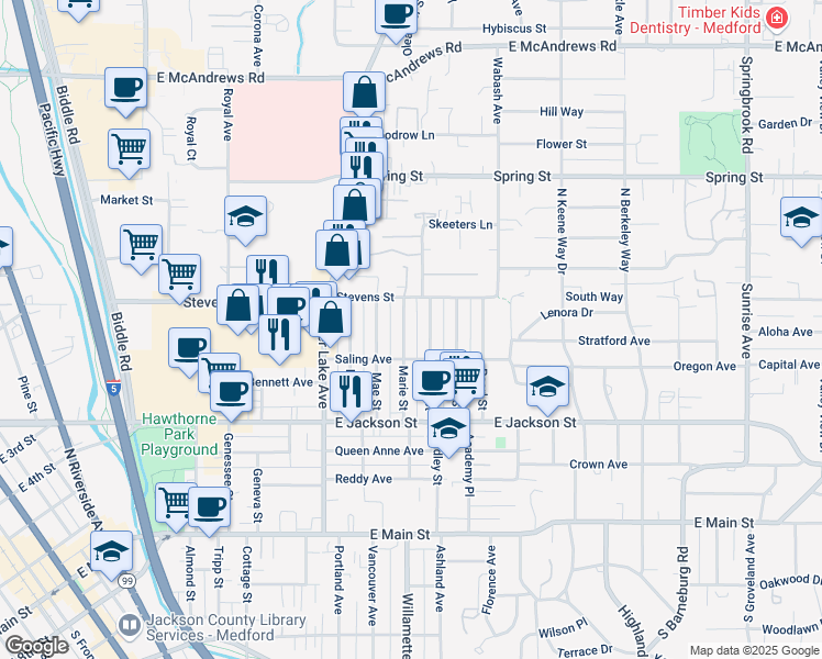 map of restaurants, bars, coffee shops, grocery stores, and more near 542 Marie Street in Medford