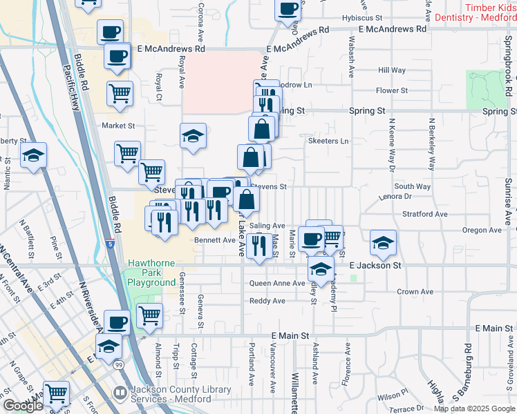 map of restaurants, bars, coffee shops, grocery stores, and more near 530 Crater Lake Avenue in Medford