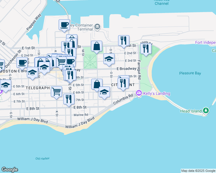 map of restaurants, bars, coffee shops, grocery stores, and more near 107 O Street in Boston