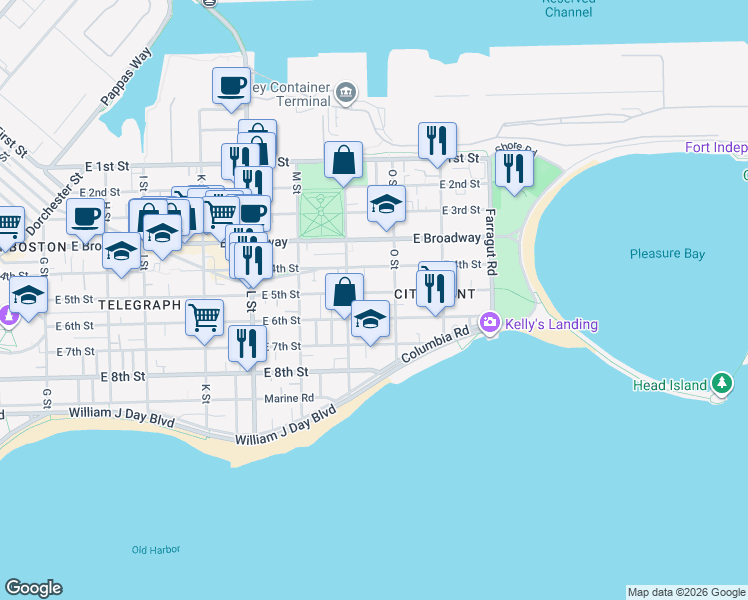 map of restaurants, bars, coffee shops, grocery stores, and more near 107 O Street in Boston