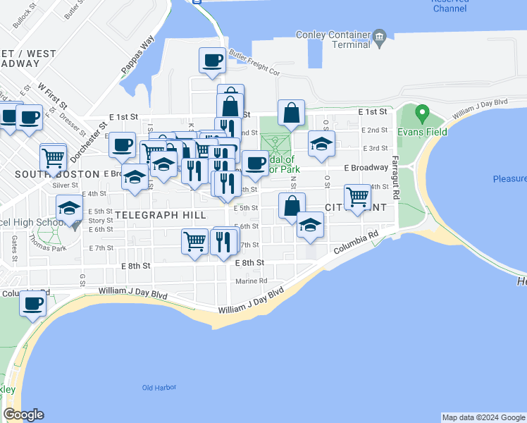 map of restaurants, bars, coffee shops, grocery stores, and more near 779 East 4th Street in Boston