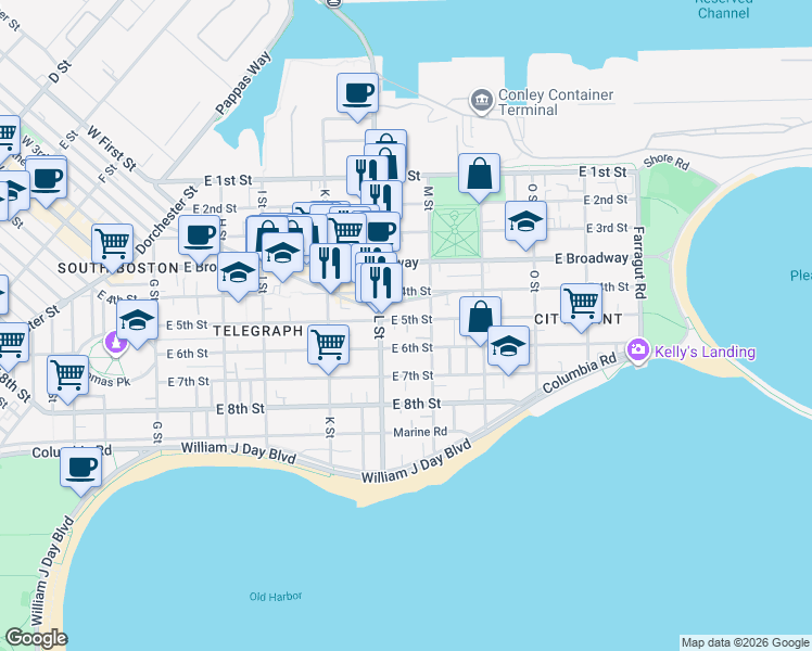 map of restaurants, bars, coffee shops, grocery stores, and more near 309 Emerson Street in Boston