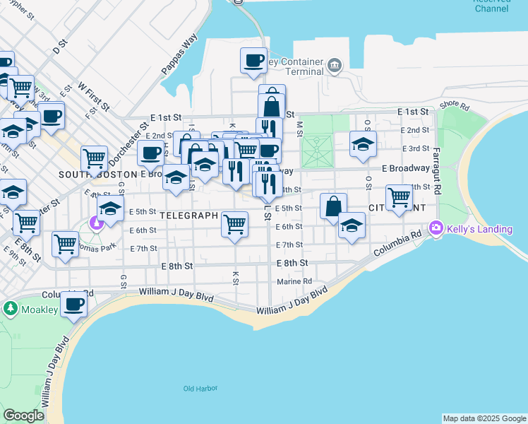 map of restaurants, bars, coffee shops, grocery stores, and more near 85 L Street in Boston