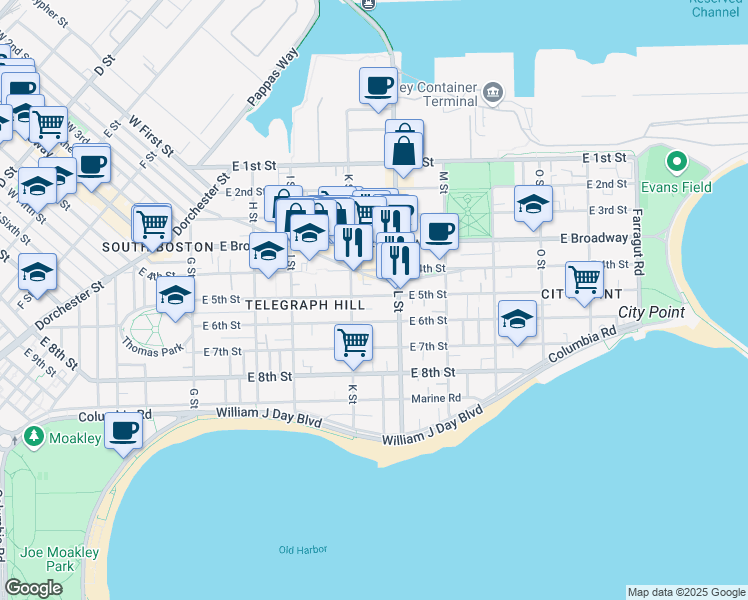 map of restaurants, bars, coffee shops, grocery stores, and more near 689 East 4th Street in Boston