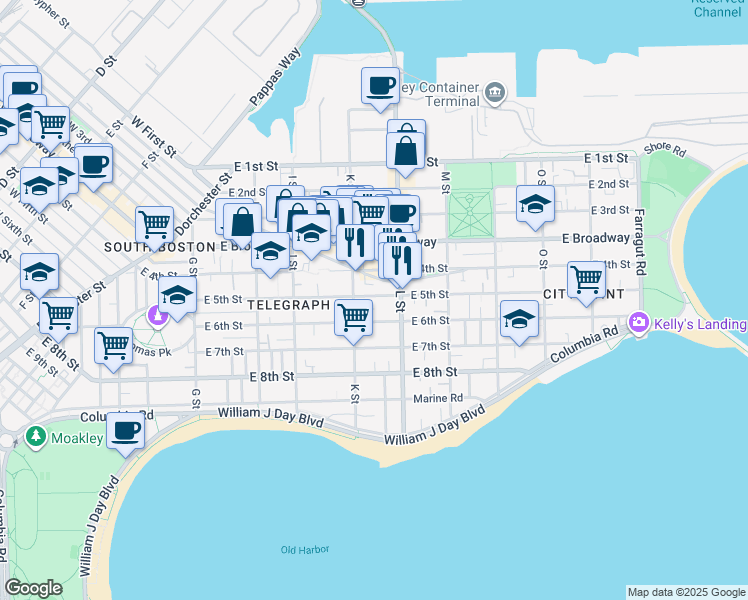 map of restaurants, bars, coffee shops, grocery stores, and more near 689 East 4th Street in Boston