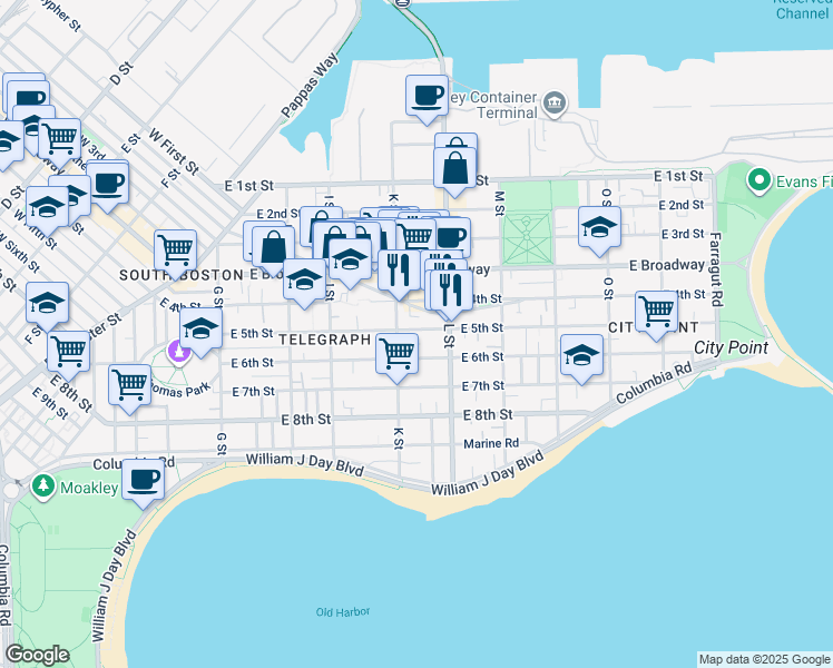 map of restaurants, bars, coffee shops, grocery stores, and more near 689 East 4th Street in Boston