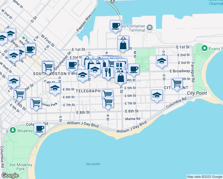 map of restaurants, bars, coffee shops, grocery stores, and more near 689 East 4th Street in Boston