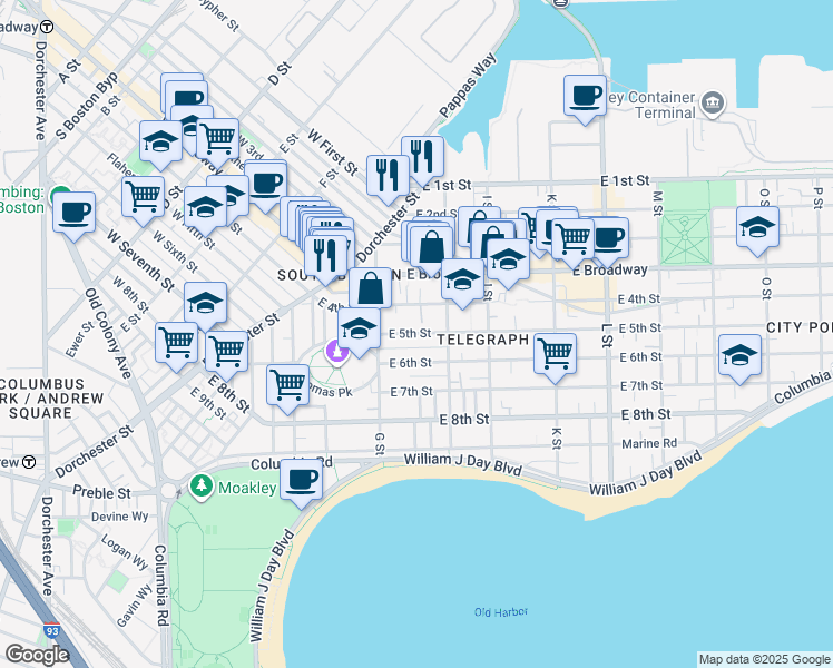 map of restaurants, bars, coffee shops, grocery stores, and more near 543 East 4th Street in Boston
