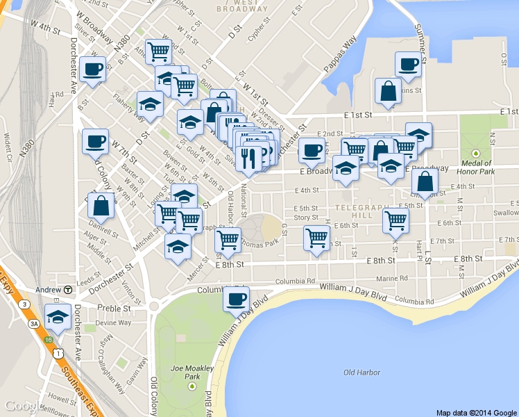 map of restaurants, bars, coffee shops, grocery stores, and more near 475 East 4th Street in Boston