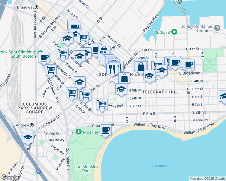 map of restaurants, bars, coffee shops, grocery stores, and more near 477 East 4th Street in Boston