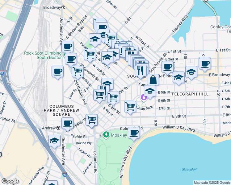 map of restaurants, bars, coffee shops, grocery stores, and more near 256 West Sixth Street in Boston