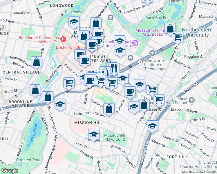 map of restaurants, bars, coffee shops, grocery stores, and more near in Boston