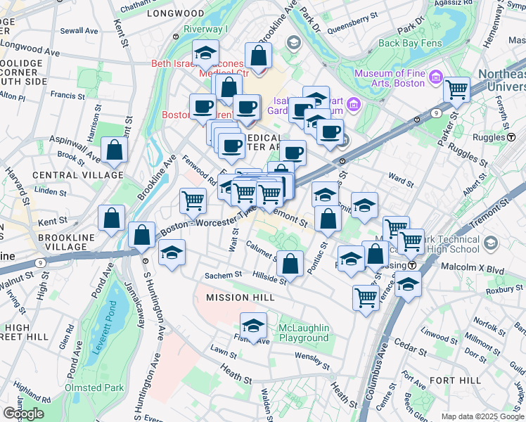 map of restaurants, bars, coffee shops, grocery stores, and more near 1635 Tremont Street in Boston
