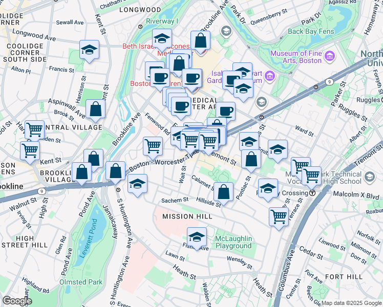 map of restaurants, bars, coffee shops, grocery stores, and more near 735 Huntington Avenue in Boston