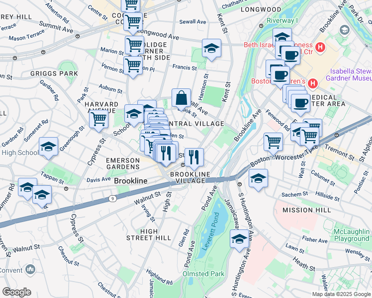 map of restaurants, bars, coffee shops, grocery stores, and more near 45 Linden Street in Brookline