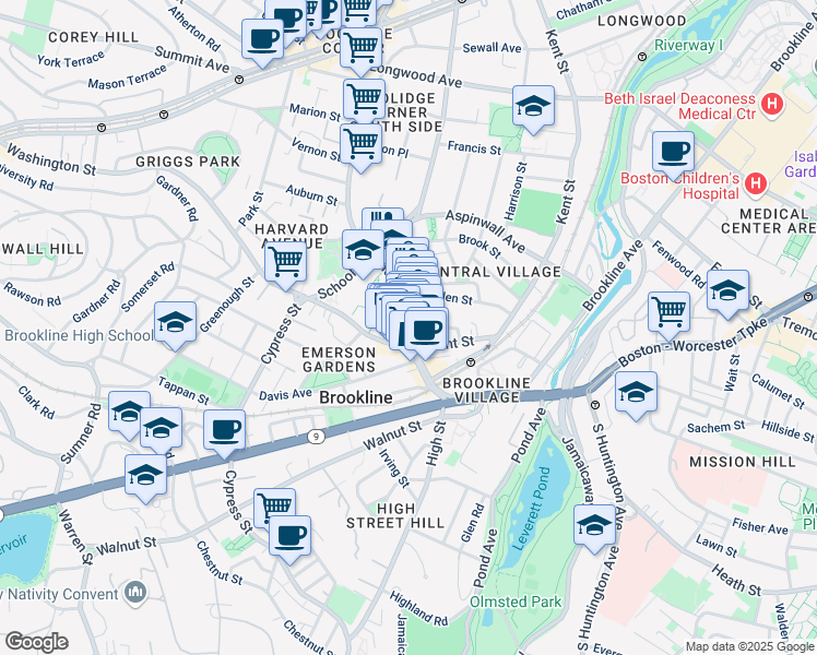 map of restaurants, bars, coffee shops, grocery stores, and more near 11 Pierce Street in Brookline