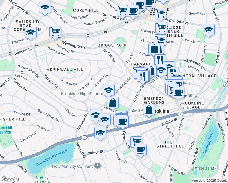 map of restaurants, bars, coffee shops, grocery stores, and more near 66 Stanton Road in Brookline