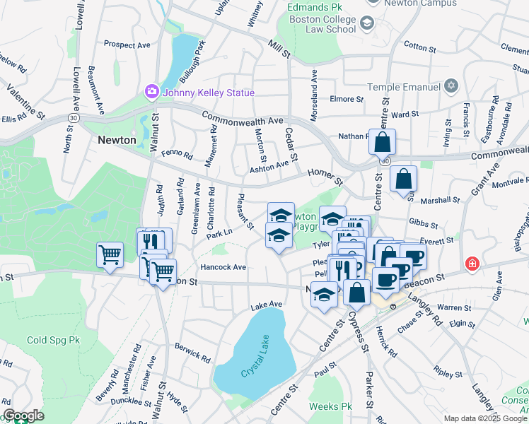 map of restaurants, bars, coffee shops, grocery stores, and more near 26 Stafford Road in Newton