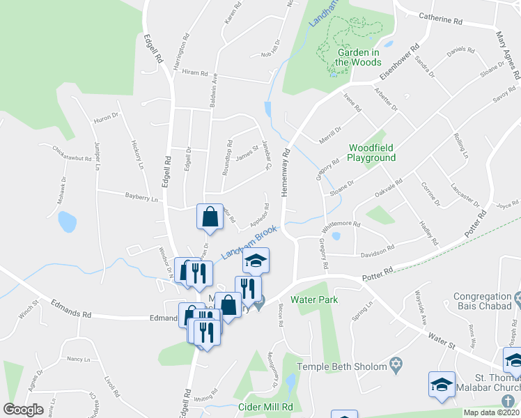 map of restaurants, bars, coffee shops, grocery stores, and more near 79 Appledor Road in Framingham