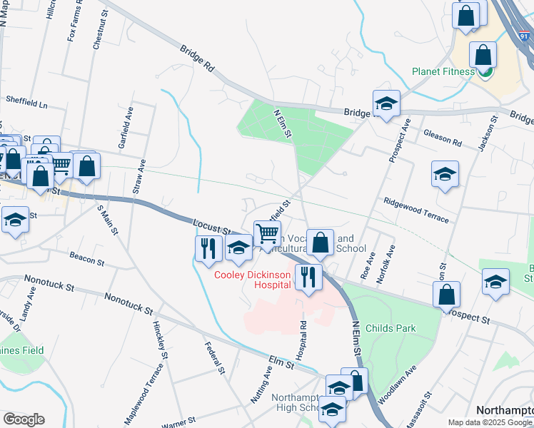 map of restaurants, bars, coffee shops, grocery stores, and more near Northampton Bikeway in Northampton