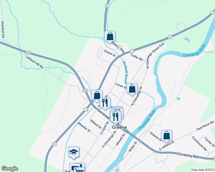 map of restaurants, bars, coffee shops, grocery stores, and more near 29 Birdsall Street in Greene