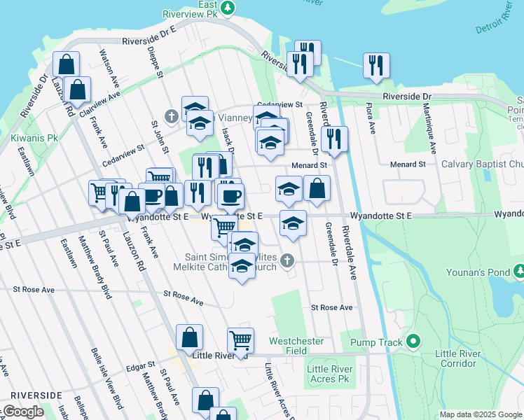 map of restaurants, bars, coffee shops, grocery stores, and more near 572 Alan Crescent in Windsor