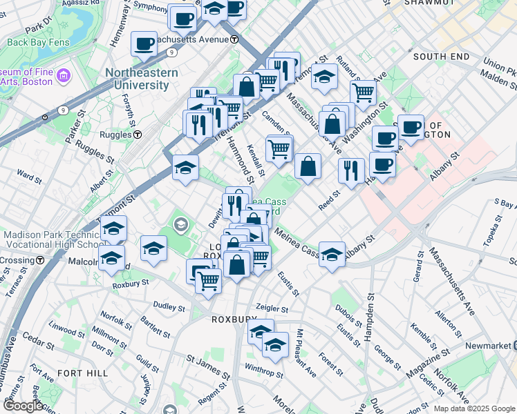 map of restaurants, bars, coffee shops, grocery stores, and more near 431 Melnea Cass Boulevard in Boston