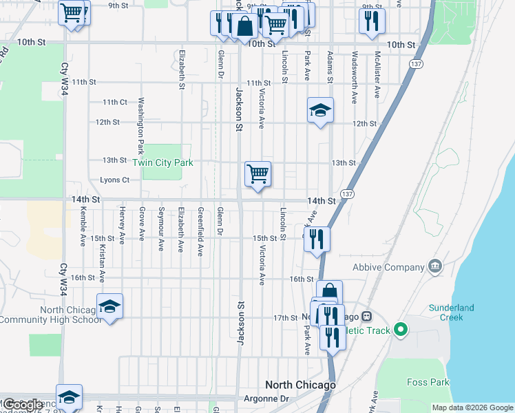 map of restaurants, bars, coffee shops, grocery stores, and more near 1005 14th Street in North Chicago