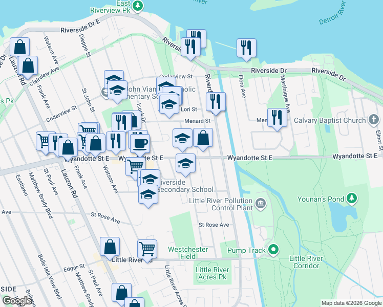 map of restaurants, bars, coffee shops, grocery stores, and more near 8950 Wyandotte Street East in Windsor