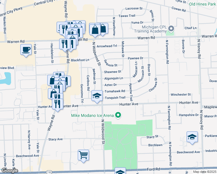 map of restaurants, bars, coffee shops, grocery stores, and more near 34319 Algonquin Street in Westland