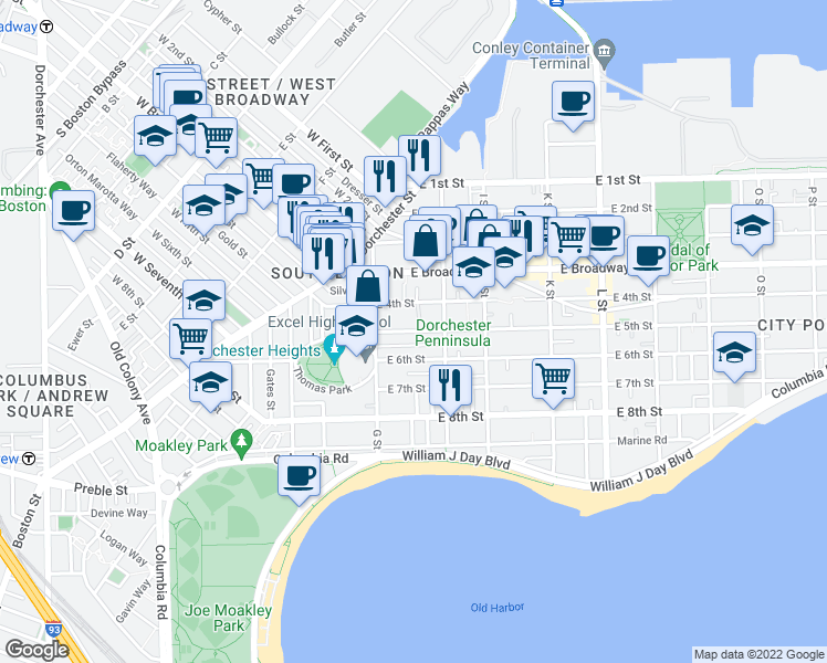 map of restaurants, bars, coffee shops, grocery stores, and more near 543 East 4th Street in Boston