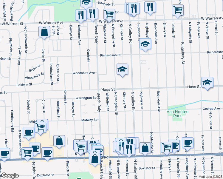 map of restaurants, bars, coffee shops, grocery stores, and more near 25623 Baldwin Street in Dearborn Heights