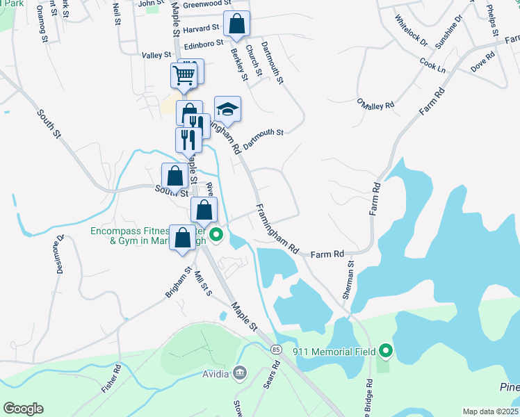 map of restaurants, bars, coffee shops, grocery stores, and more near Framingham Road in Marlborough