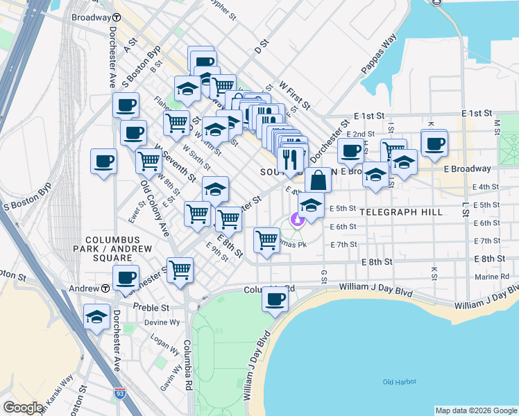 map of restaurants, bars, coffee shops, grocery stores, and more near in Boston